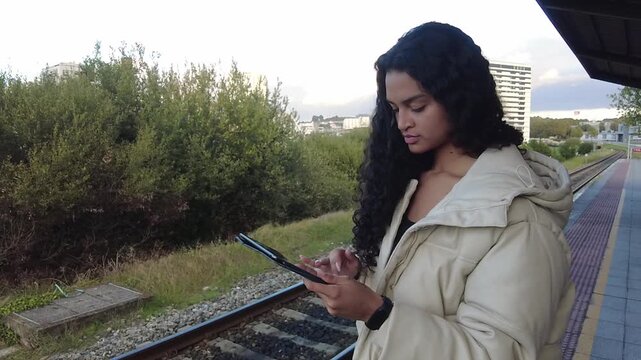 Beautiful young commuter with long dark hair using a digital tablet for work or social media while waiting for her train on a station platform, showcasing a modern commuting lifestyle