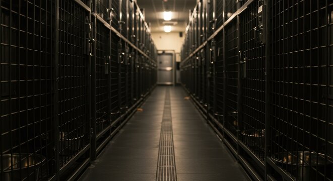 Server rack aisle in data center with black cabinets and moody lighting