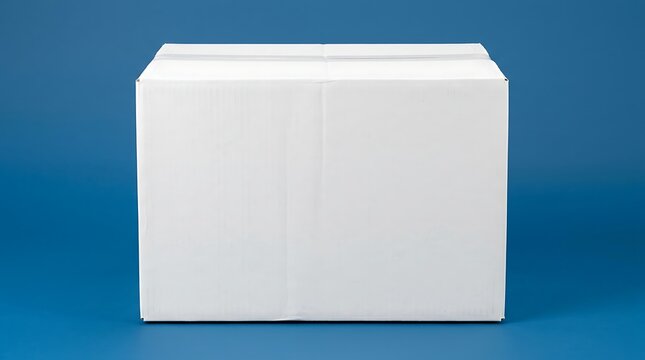 Blank White Corrugated Cardboard Shipping Box Standing Isolated on Solid Blue Background