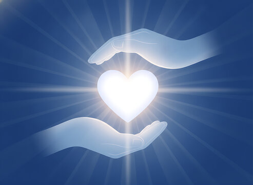 Hands protecting glowing heart symbol with light rays background vector illustration