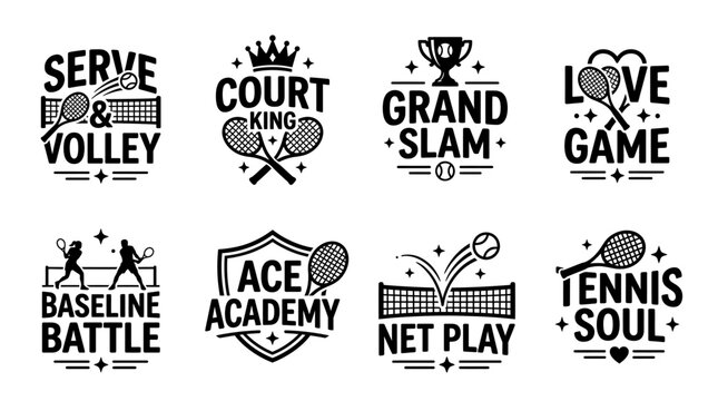 This image contains an array of tennis-themed logo designs, celebrating the competitive spirit of the sport through various illustrations and concepts.