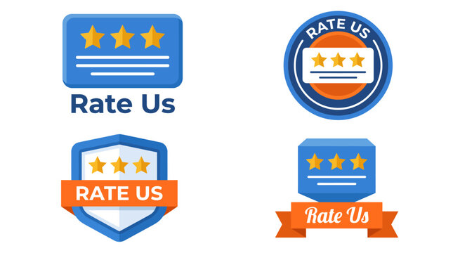 An assortment of 'Rate Us' badges designed with stars and vibrant colors, ideal for soliciting customer feedback and enhancing user experience on various platforms.