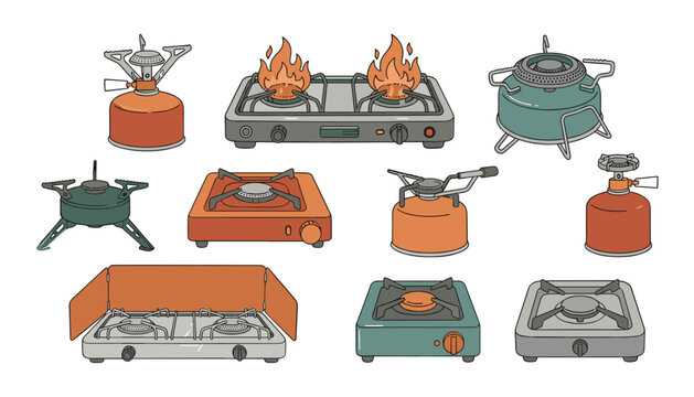 Portable camping stove vector icon set with gas burners canisters and tabletop outdoor cooking equipment for backpacking adventure