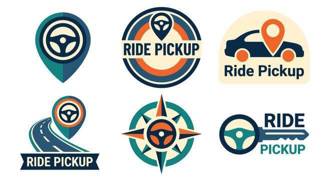 This series of logos and icons presents a variety of designs for ride pickup services, capturing the essence of travel and transportation convenience in modern style.