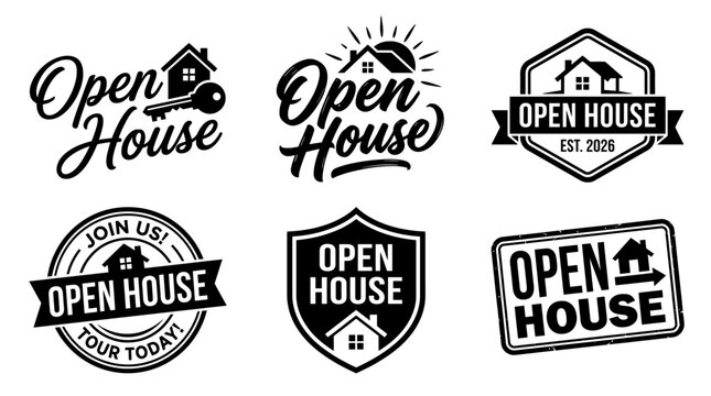 This collection features distinct logos and badges for open house events, designed to attract potential buyers and showcase properties in a stylish and inviting manner.