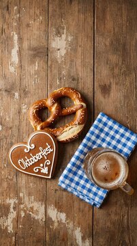 Oktoberfest flat lay with pretzel, gingerbread heart, and beer on rustic wood.