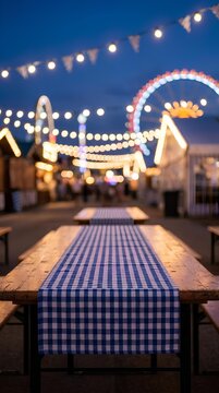 Outdoor festival dining area with empty wooden tables and string lights at night with Ferris wheel.