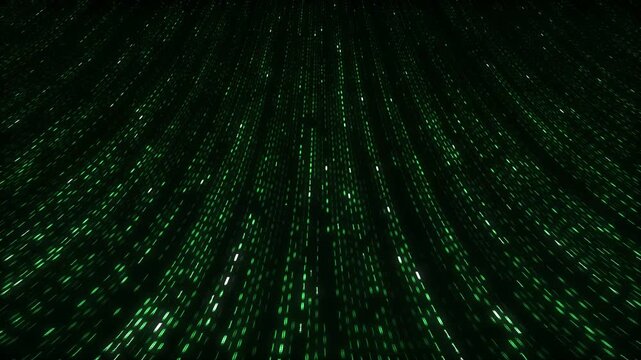 Green digital code falling in curved perspective tunnel on black technology background