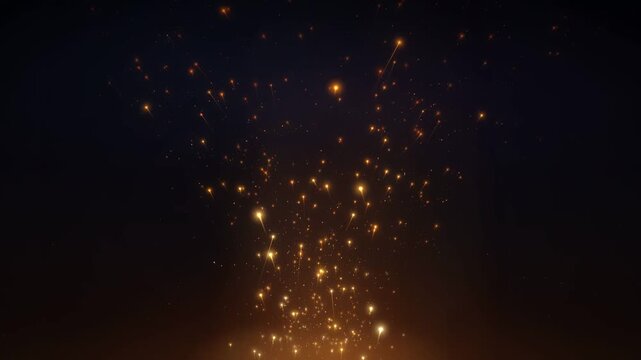 Golden sparks and glowing embers rising from below on a dark blue night background