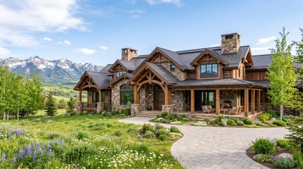 Fototapeta premium Alpine lodge mansion with curved driveway and mountain meadow