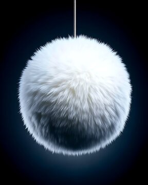 Pom-pom fashion detail pom pom accent single fluffy white fur ball hanging against dark blue background for minimalist design