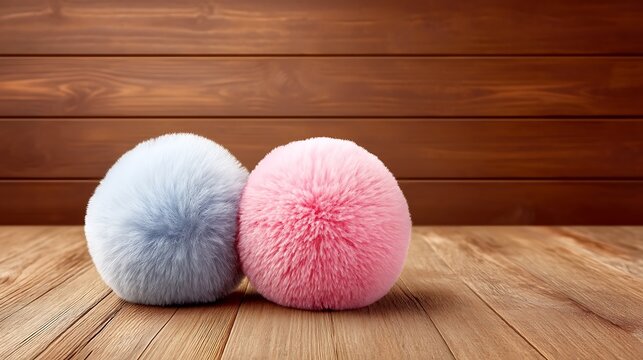 Pom-pom fashion detail pom pom accent soft blue and pink fluffy pom poms sitting on rustic wooden surface with copy space for design