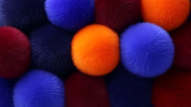Pom-pom fashion detail pom pom accent abstract background of colorful fluffy pom poms in shades of blue orange and deep red textures