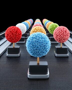 Pom-pom fashion detail pom pom accent colorful textured spheres on black industrial conveyor belt in manufacturing production line