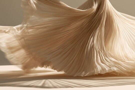 Motion freeze of delicate semi-translucent gold fabric layer on greige floor