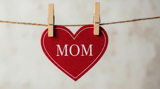 Red heart card with Mom text hanging on line for Mother's Day greeting