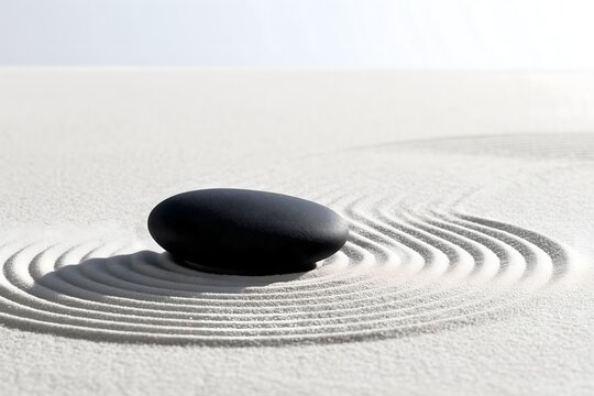 Zen garden sand ripple patterns with single smooth black pebble and shadow