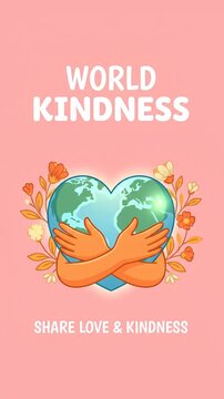 Animated World Kindness Day banner with hands hugging a heart shaped earth globe and blooming flowers.
