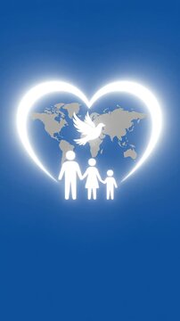 Global Family Peace Symbol with Dove and World Map on Blue Background