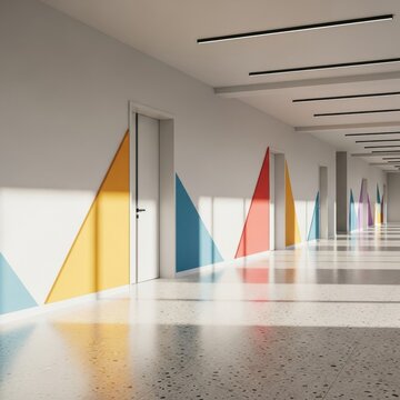 Contemporary corridor with colorful geometric wall decals, white doors, and linear ceiling lighting. Features polished terrazzo flooring and natural sunlight reflections.