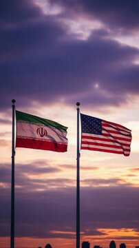 American and Iranian flags flying side by side at sunset symbolizing international relations, diplomacy, geopolitics, and global political negotiations