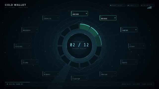 Crypto cold wallet key ceremony interface sealing twelve seed shards with a lock icon