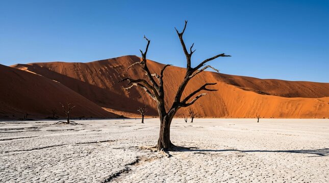 Ancient dead trees standing in white clay pan at Deadvlei with iconic red sand dunes under clear blue sky in Namibia.