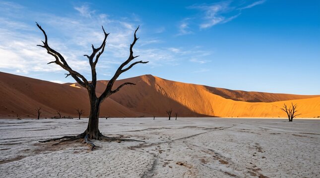 Striking landscape of Deadvlei featuring dark dead camelthorn trees in a white clay pan against a towering red sand dune.