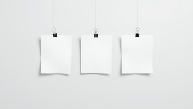 Three blank white paper sheets hanging from strings with black metal binder clips
