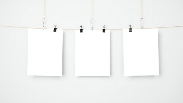Three blank white paper sheets hanging on a clothesline with black binder clips