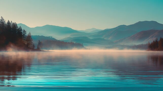 Christmas cinematic fog layers over lake serene mountain lake landscape with morning mist and calm water at sunrise for travel background