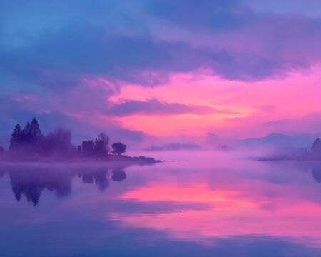 Christmas cinematic fog layers over lake vibrant purple and pink sunset over calm misty lake with tree silhouettes and reflection