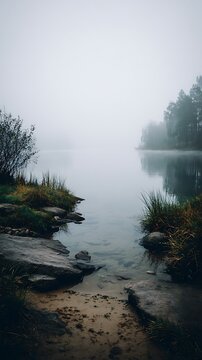 Christmas cinematic fog layers over lake serene misty lake landscape with calm water and rocky shoreline in quiet forest setting