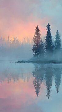 Christmas cinematic fog layers over lake misty pine forest landscape reflected in calm lake during soft pastel sunrise morning
