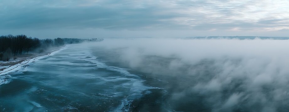 Christmas cinematic fog layers over lake aerial view of frozen winter coastline covered in thick sea fog and mist over cold ocean water