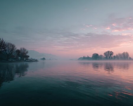 Christmas cinematic fog layers over lake serene lake landscape at sunrise with soft mist over water and silhouette of trees on horizon