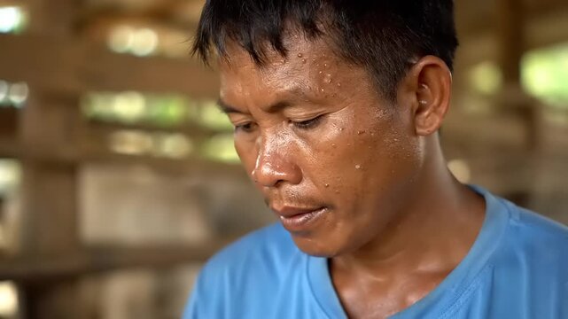 Farmer with sweat on his face works during a long day in the agricultural field.