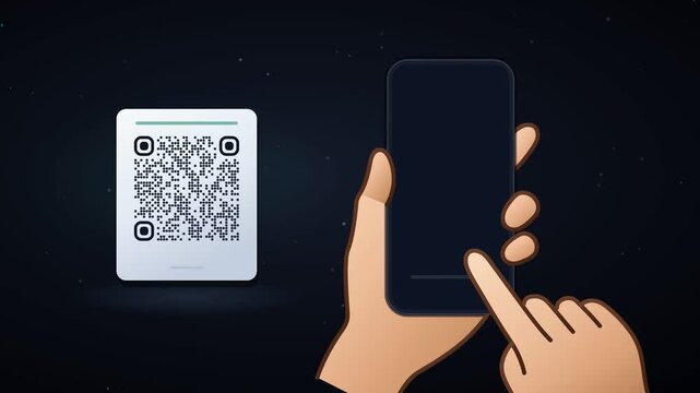 Hand holding smartphone scanning a QR code that dissolves into particles for payment