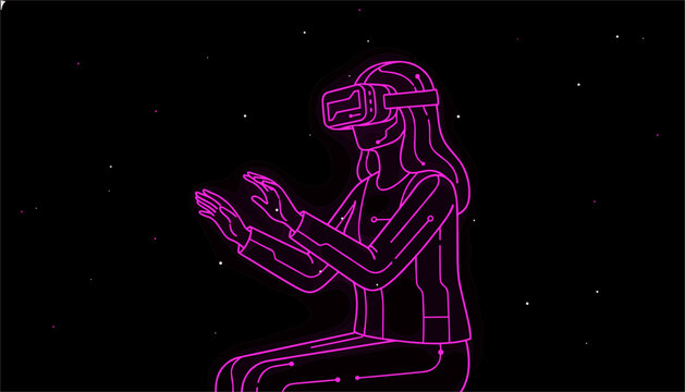 Young woman explores virtual reality wearing a high tech headset while floating in deep space in this neon pink line drawing.