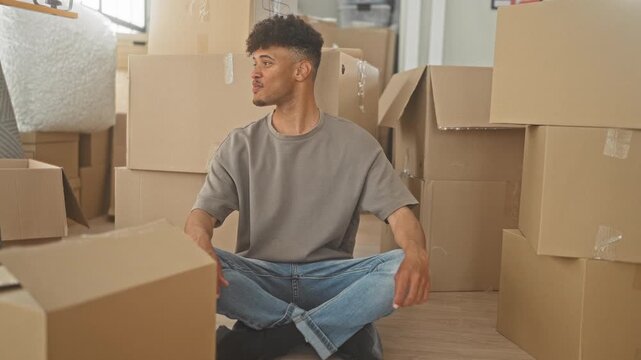 Man sitting crosslegged among cardboard boxes raising arms and smiling in building; relief fresh start.