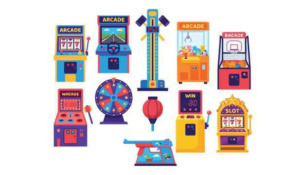 Arcade game machine vector set featuring retro slot machines claw cranes racing simulators and classic amusement park gaming icons
