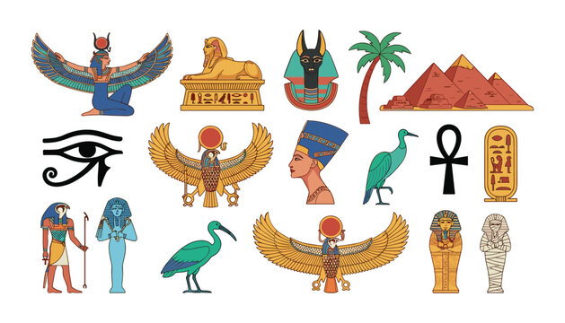 Ancient Egyptian vector set with pharaoh pyramids sphinx anubis horus isis eye of ra and icons isolated on white background