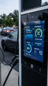 Electric vehicle charging station screen displaying battery metrics at outdoor parking lot during twilight