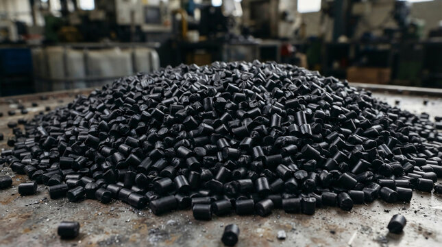 Close up view pile clean black plastic polymer granules raw material manufacturing industry chemical recycling petrochemical production concept raw materials industrial background element