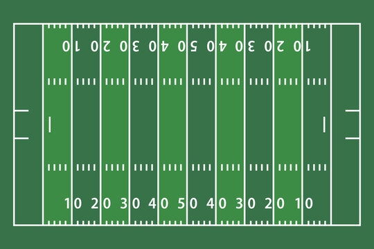 Simple American football field illustration with white yard lines and numbers on a green background