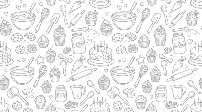 Hand-drawn baking ingredients and tools pattern