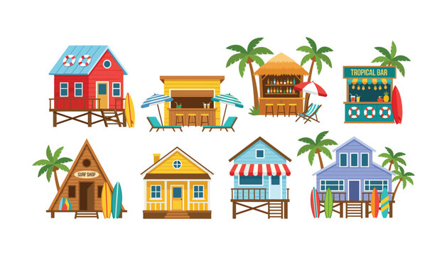 Tropical beach houses summer surf shop and tiki bar vector illustration set isolated on white background