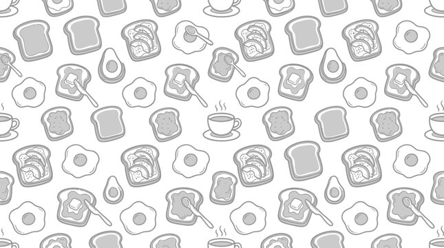 Hand-drawn breakfast pattern with toast and coffee