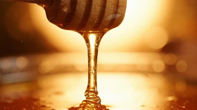 Golden honey dripping from wooden dipper with warm bokeh background
