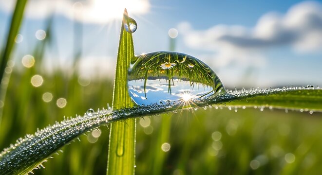 Clear morning dew drop on green blade of grass reflecting landscape